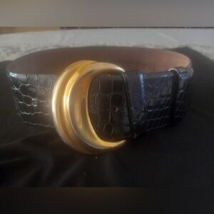 Donna Karan Vintage Crocodile Waist Belt with Gold Crescent Buckle